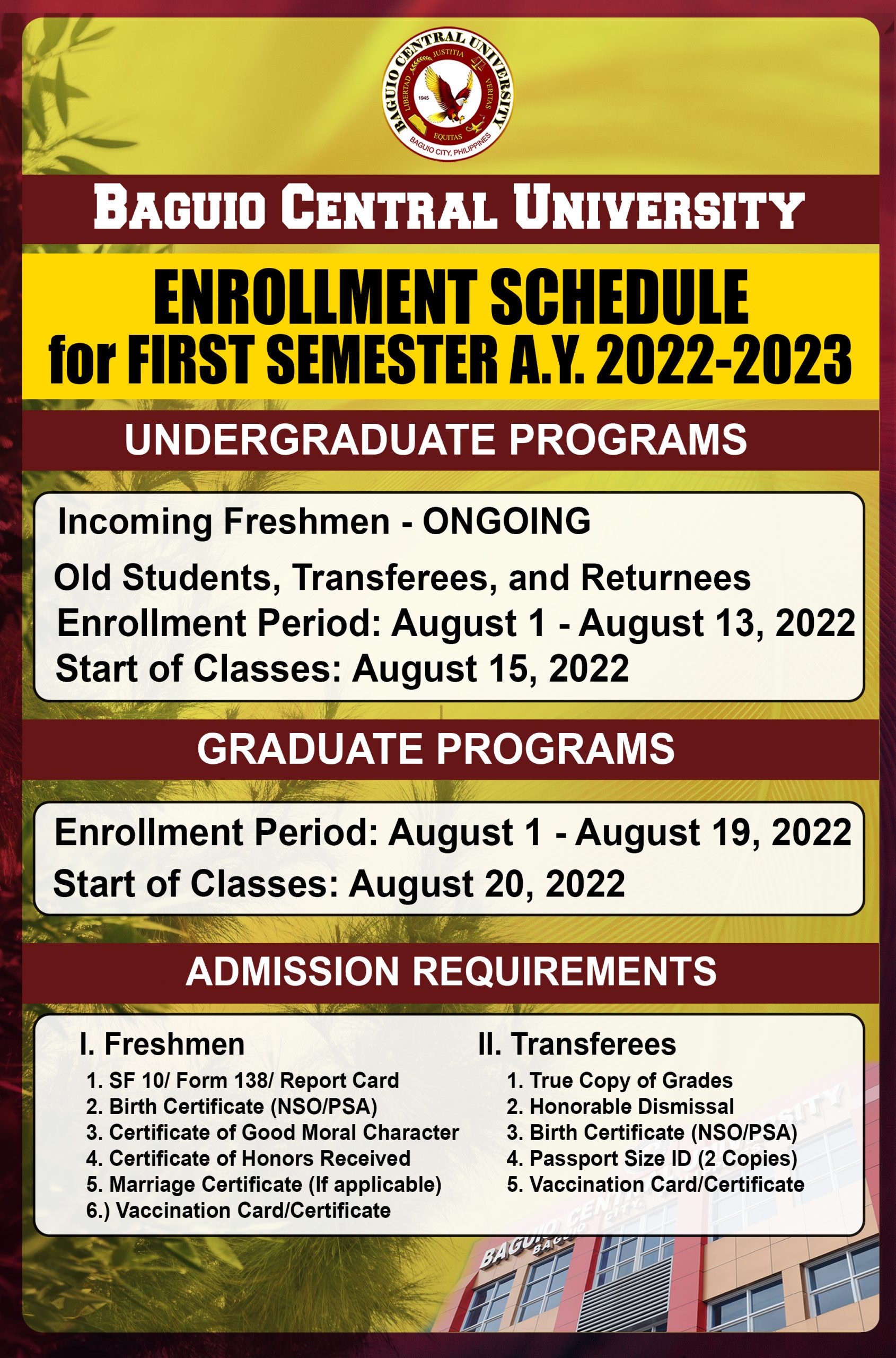 ENROLLMENT SCHEDULE FOR 1ST SEMESTER A.Y. 2022-2023 – BAGUIO CENTRAL