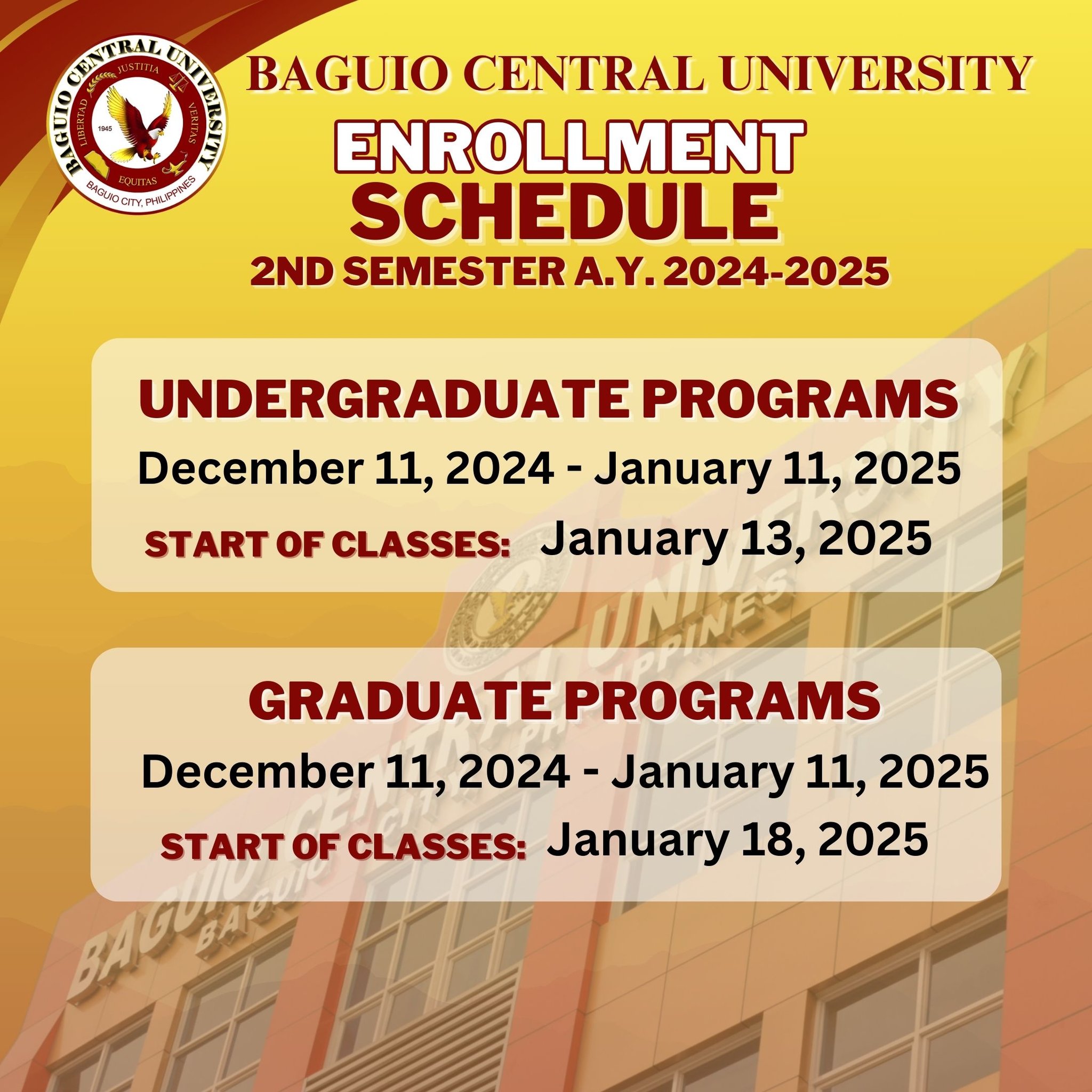 Schedule of Enrollment (2nd Semester, A.Y. 2024-2025) – BAGUIO CENTRAL ...