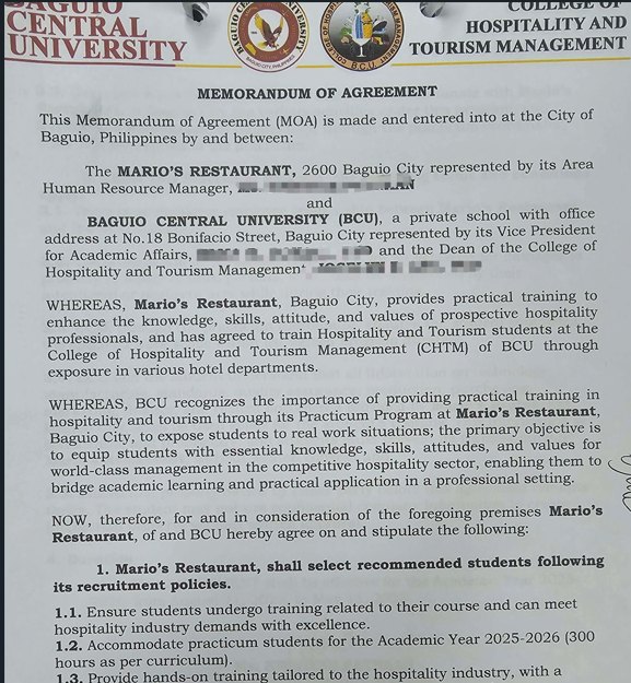 Signed Memorandum of Agreement between BCU-CHTM and Mario’s Restaurant