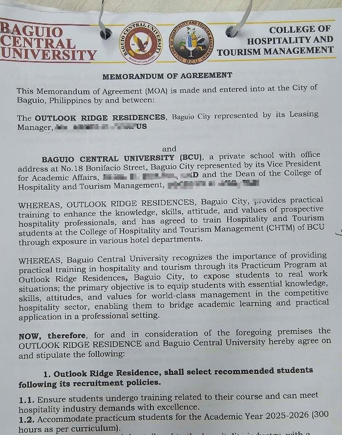 Signed Memorandum of Agreement between BCU-CHTM and Outlook Ridge Residences
